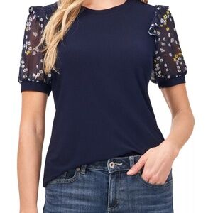 CeCe Scattered Daisy Short Puff Sleeve Top